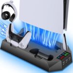 PS5 Digital Edition, Stand with Cooling Station and Dual Controller Charging Station for Disc Version, Cooling Fan with Headset Holder and 3 Adjustable Fan Speeds Black