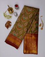 Tissue Silk saree Light Green Peacock Design Red Border - Image 2