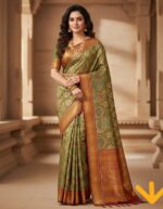 Tissue Silk saree Light Green Peacock Design Red Border - Image 3