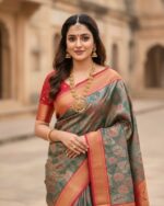 Tissue Silk Saree Royal Rani Pink unique floral pattern - Image 3