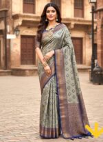 Tissue Silk saree grey with dark blue color gold pattern - Image 3
