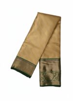 Kanjivaram tissue silk saree with a golden body and a contrasting dark green border and pallu. - Image 2