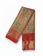 Kanchipuram tissue silk saree with a beige and grayish-brown body and a rust-colored border and pallu.