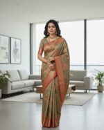 Kanchipuram tissue silk saree with a beige and grayish-brown body and a rust-colored border and pallu. - Image 3