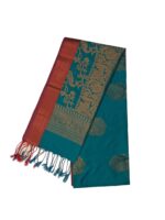 Kanchipuram soft silk saree rich teal blue , green body with gold zari with deep red border and pallu. - Image 2
