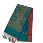 Kanchipuram soft silk saree rich teal blue , green body with gold zari with deep red border and pallu.