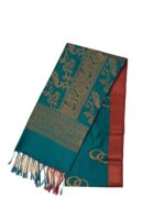 Kanchipuram soft silk saree rich teal blue , green body with gold zari with deep red border and pallu.