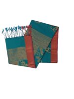 Kanchipuram soft silk saree rich teal blue , green body with gold zari with deep red border and pallu. - Image 4
