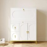 Secretary Desk with 3 Drawers and 3 Doors Flip Design 39.4" Modern White & Glod