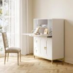 Secretary Desk with 3 Drawers and 3 Doors Flip Design 39.4" Modern White & Glod - Image 6