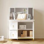 Secretary Desk with 3 Drawers and 3 Doors Flip Design 39.4" Modern White & Glod - Image 5