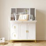 Secretary Desk with 3 Drawers and 3 Doors Flip Design 39.4" Modern White & Glod - Image 4