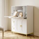 Secretary Desk with 3 Drawers and 3 Doors Flip Design 39.4" Modern White & Glod - Image 3