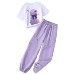 Girls' Cotton Blend Stylish Printed T-Shirt & Comfortable Cargo Joggers Set Purple color