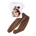 Girls' Cotton Blend Stylish Printed T-Shirt & Comfortable Cargo Joggers Set Purple color - Image 3