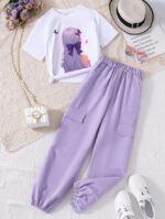 Girls' Cotton Blend Stylish Printed T-Shirt & Comfortable Cargo Joggers Set Purple color - Image 7