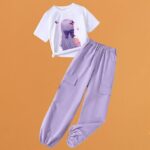 Girls' Cotton Blend Stylish Printed T-Shirt & Comfortable Cargo Joggers Set Purple color - Image 6