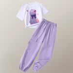 Girls' Cotton Blend Stylish Printed T-Shirt & Comfortable Cargo Joggers Set Purple color - Image 5