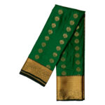 Kanchipuram soft silk saree green featuring gold zari butta motifs and a thick traditional gold zari border.
