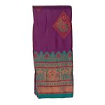 Kubera Pattu Soft Silk Saree featuring traditional zari weaving. glossy texture and lightweight drape. purple body teal-green (Rama green) border