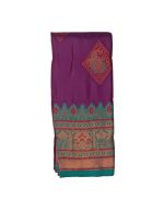 Kubera Pattu Soft Silk Saree featuring traditional zari weaving. glossy texture and lightweight drape. purple body teal-green (Rama green) border