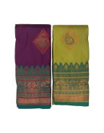 Kubera Pattu Soft Silk Saree featuring traditional zari weaving. glossy texture and lightweight drape. purple body teal-green (Rama green) border - Image 2