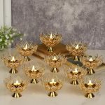 Golden Brass Crystal Lotus Kamal Shape Round Oil Lamp for Diwali Decoration Items
