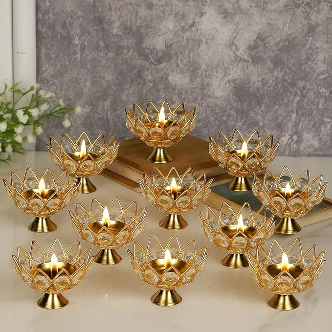 egetit_8 Golden Brass Crystal Lotus Kamal Shape Round Oil Lamp for Diwali Decoration Items - Image 1