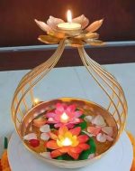 Diya Shape Flower Decorative Urli Bowl/Handcrafted Bowl for Floating Flowers and Tea Light Holder Candles Home,Office and Table Decor| Diwali Decoration Items for Home T-Light Gold - Image 2